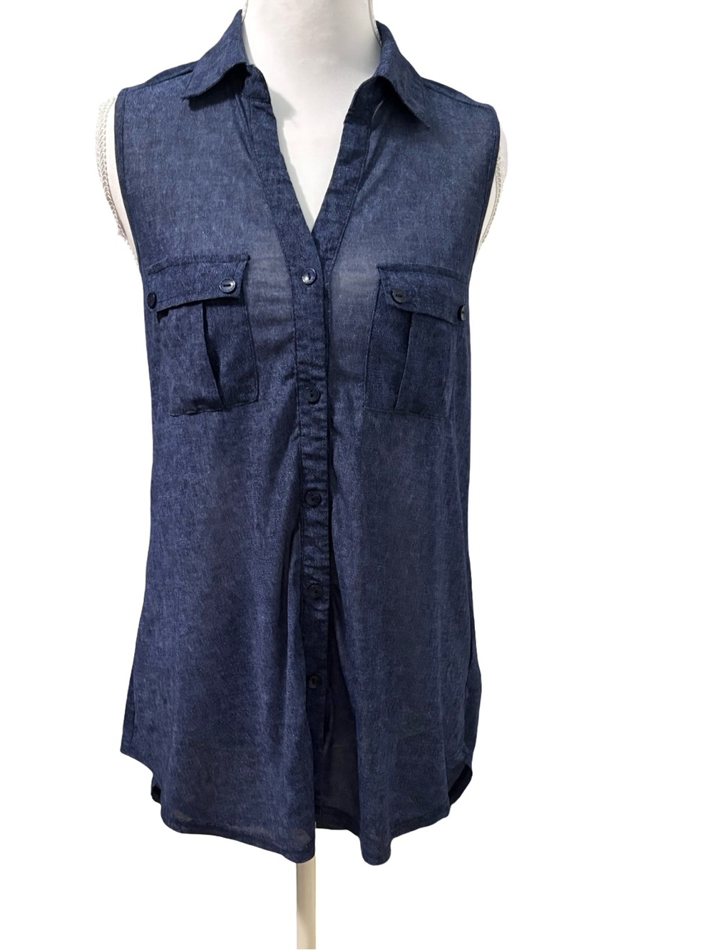 Siren Lily Sleeveless Button-Front Shirt - Indigo Blue